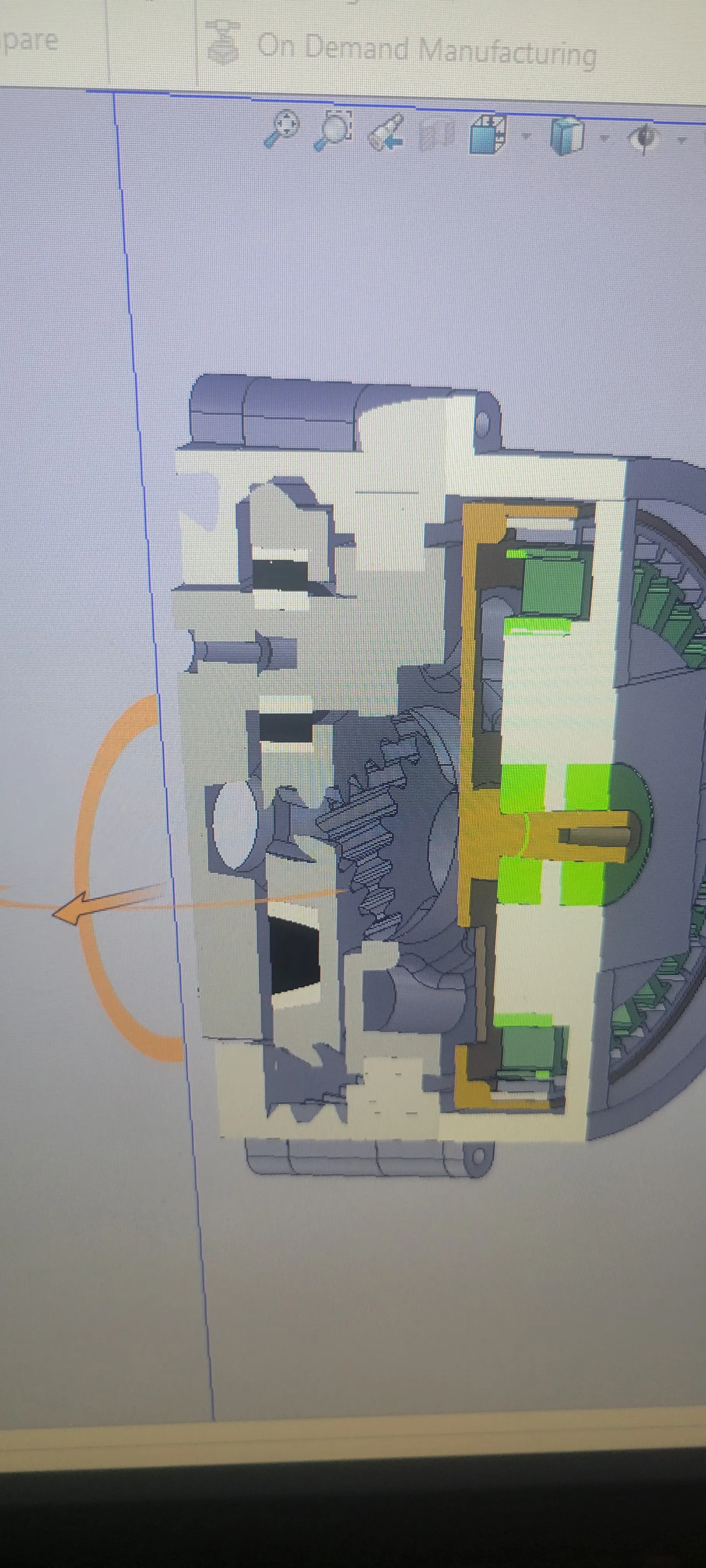 Cross-section CAD view through the actuator housing, bearing, motor, and reduction