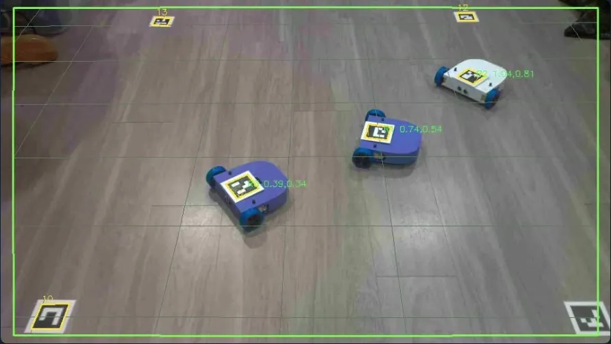 Three wheeled robots on the floor with ArUco marker outlines and position overlays